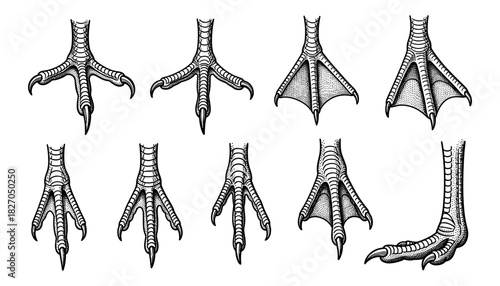 Bird talons and webbed feet collection in detailed black and white line art
