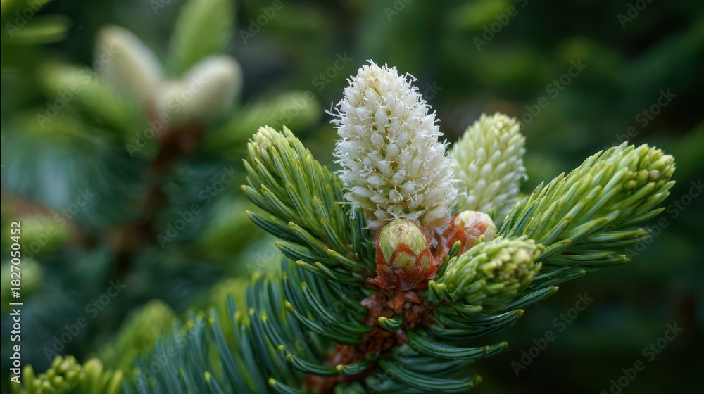 Fototapeta premium Vibrant Spring Growth on Frasier Fir: Nature's New Life Unfolding Among Wildflowers