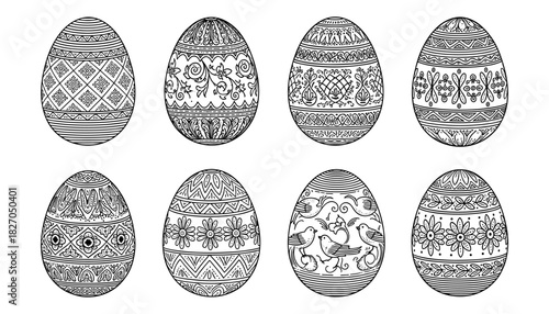 Intricate black and white ornamental easter egg designs for coloring and decoration