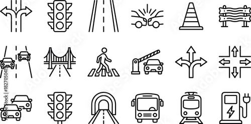 Traffic, Road Safety, and Transportation Outline Icons Driving, Electric Vehicles, Public Transit, Accident, and Infrastructure Symbols for Navigation and Trave