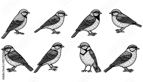 Detailed pen and ink bird variations on white background
