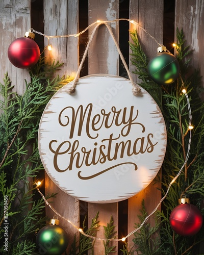 A round white wooden “Merry Christmas” sign with gold cursive text, adorned with glossy red and green ornaments, fir branches, and fairy lights on rustic fence boards with a warm glow.