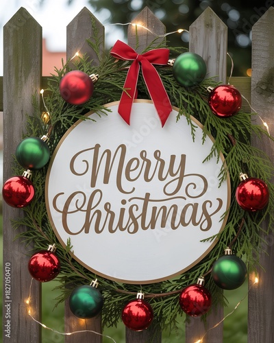 A round white wooden “Merry Christmas” sign with gold cursive text, surrounded by red and green ornaments, evergreen fir branches, and fairy lights on rustic fence boards