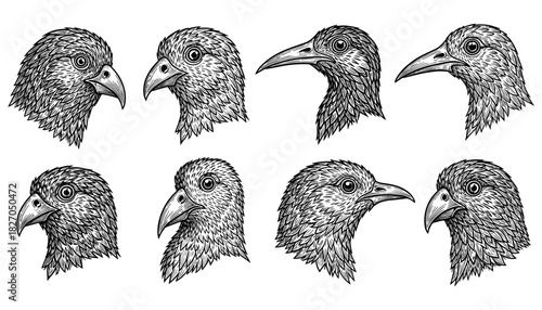 Detailed bird heads sketch collection: hand drawn black and white avian designs