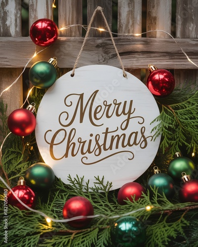 A cozy styled photograph of a round white “Merry Christmas” wooden sign with gold cursive text, surrounded by red and green ornaments, fir branches, and warm fairy lights against rustic boards