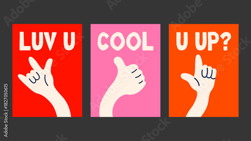 Groovy cartoon hand poster pack with fun text, expressive doodles and retro vibes — perfect for lively interiors and creative print collections.