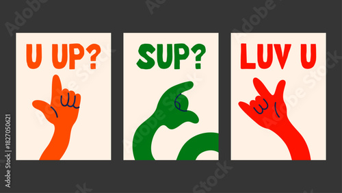 Minimal yet funky gesture poster set with groovy colors, witty captions and hand-drawn doodles — perfect for trendy wall decor and print bundles.