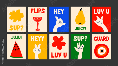 Cute expressive hand-gesture illustrations mixed with mini fruit doodles and retro text bubbles. A bright poster pack for trendy decor, printable art, merch, or colorful social media moodboards.