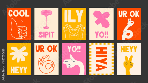 Modern retro posters with bold shapes, funny signs, and simple fruity icons. Clean vector style perfect for home decor, cafe walls, packaging, cards, or uplifting graphic design with a groovy vibe.