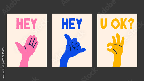 Playful hand-gesture posters featuring quirky captions in bold doodle style, great for colorful wall art, funky decor and modern design projects.