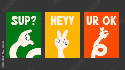 Set of funky gesture posters with cute captions, retro shapes and vibrant colors — ideal for modern wall art, teen rooms and trendy pop decor.