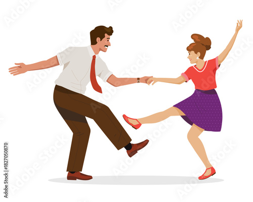 Vintage Couple Dancing Lindy Hop Swing Dance - Retro 1950s Rockabilly Vector Illustration on Transparent Background