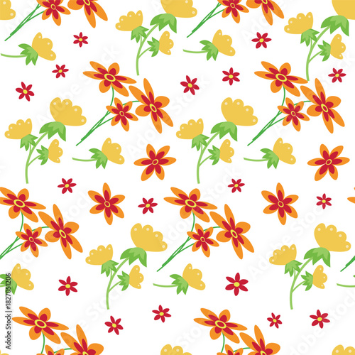 A seamless floral pattern with colorful flowers on a white background.