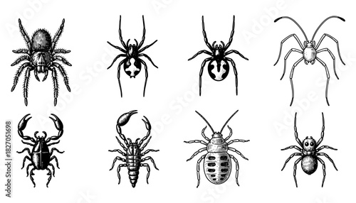 Detailed black and white ink drawings of various arachnids and scorpions
