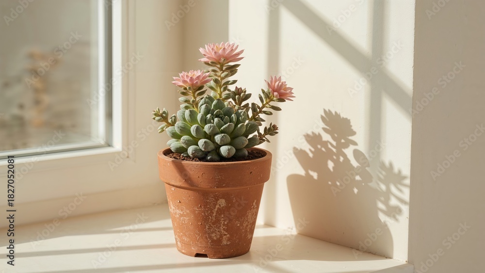 Fototapeta premium A potted succulent plant on a windowsill with sunlight casting a shadow.