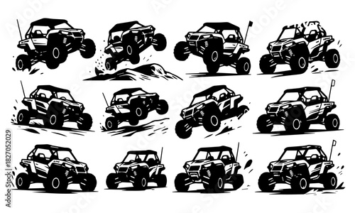 High-Impact Off-Road UTV Buggy Vector Silhouette Set | Extreme Jump, Drift & Racing Side-by-Side Illustrations | Adventure Motorsport Clipart Pack for Stickers, Decals, Merch & Digital Design