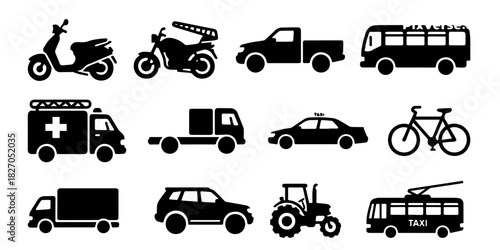 Public and Commercial Transportation Vehicle Icons: Vector Silhouettes of Cars, Trucks, Bus, Ambulance, Fire, Scooters, and Bicycle for Graphic Design
