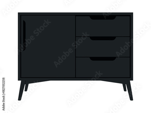 A modern, dark wood sideboard with a single door and three drawers sits on tapered legs.
