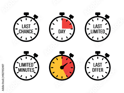 Stopwatch icons represent limited time offers and last chances for sales.