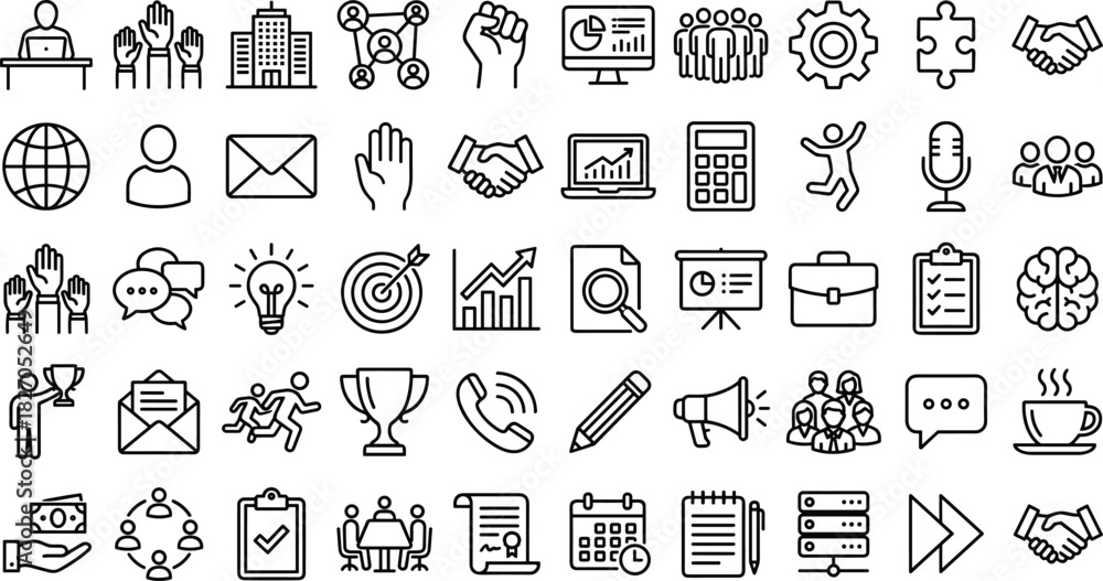 Naklejka premium Business, Corporate, and Office Outline Icons Teamwork, Strategy, Finance, Communication, and Success Symbols for Management and Professional Development