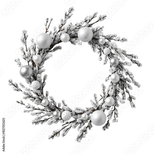 Frosted christmas wreath with silver ornaments isolated on transparent background