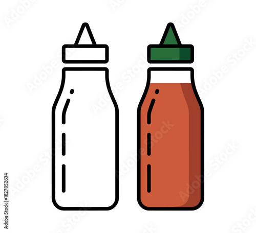 Two condiment bottles, one empty and one filled with sauce, are depicted side-by-side.