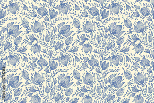 Vintage floral ethnic tapestry modern embroidery texture boho design vector illustration hand drawn silhouette indigo blue flower motif branches leaves wallpaper seamless background border.