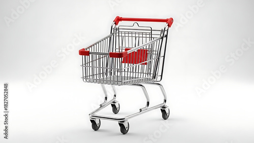 An isolated metal shopping cart with red plastic accents standing empty on a clean white studio background, representing retail and consumerism