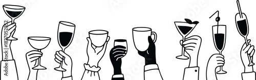 Doodle hands up with coffee. Crowd of people, men and children holding disposable glass, cups, mugs, cappuccino, latte, Frappuccino, espresso, matcha in their arms black and white