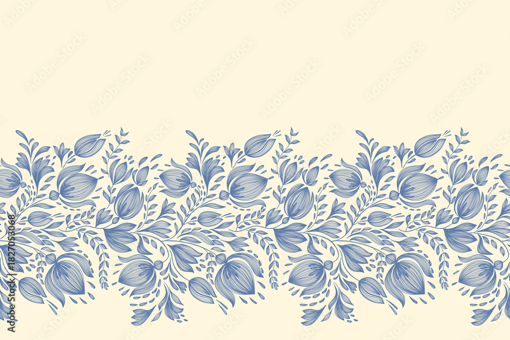 Fototapeta premium Vintage floral ethnic tapestry modern embroidery texture boho design vector illustration hand drawn silhouette indigo blue flower motif branches leaves wallpaper seamless background border.
