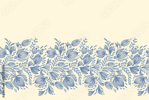 Vintage floral ethnic tapestry modern embroidery texture boho design vector illustration hand drawn silhouette indigo blue flower motif branches leaves wallpaper seamless background border.