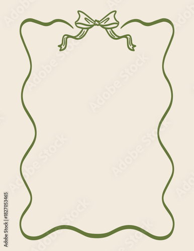 Wavy frame with ribbon bow. Vector green vintage border isolated.