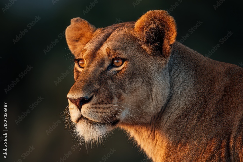 Naklejka premium Majestic Lioness Bathed in Morning Light at Masai Mara, Kenya – A Stunning Portrait of Africa's Big Cat