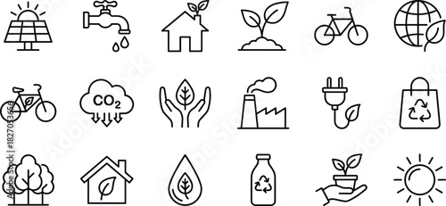 Ecology, Environmental Protection, and Green Energy Icons Sustainability, Recycling, Nature, Pollution, and Renewable Resources Symbols for Eco-Friendly Life