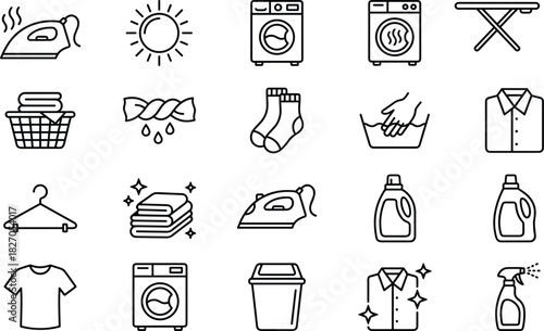 Laundry, Clothes Washing, and Cleaning Outline Icons Ironing, Drying, Detergent, Machine, and Garment Care Symbols for Household Chores and Service