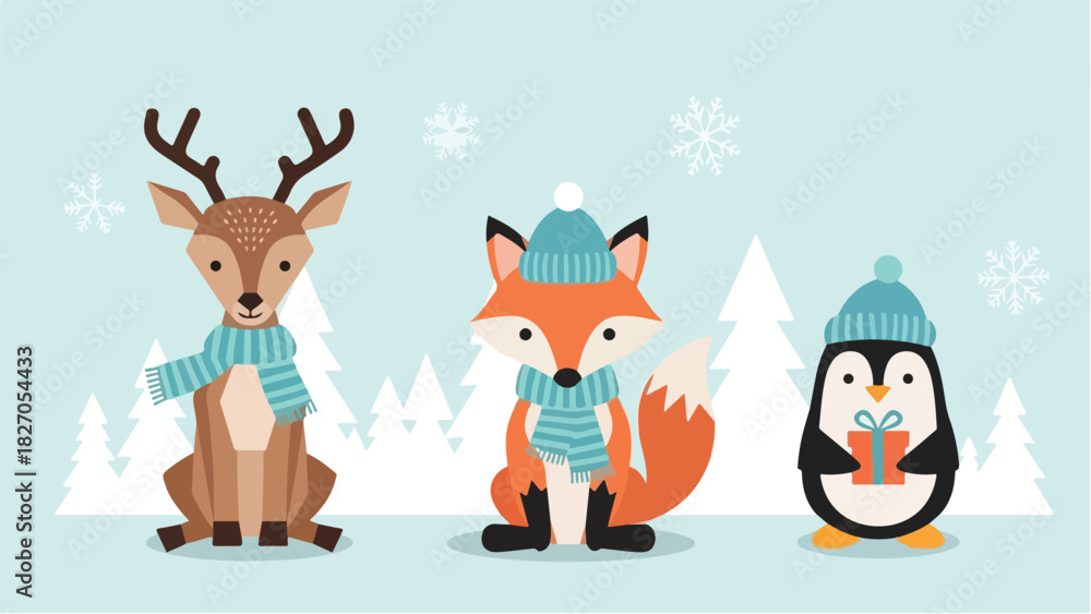 Naklejka premium Cute cartoon illustration featuring a deer, fox, and penguin wearing winter accessories against a snowy forest backdrop.