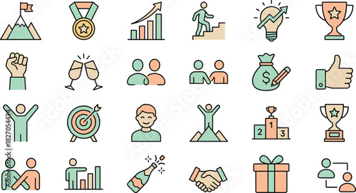 Success, Achievement, and Business Icons Motivation, Goals, Teamwork, Strategy, and Awards Symbols for Career Development and Personal Growth