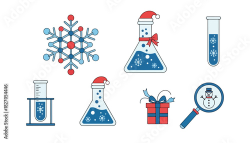 Whimsical science-themed holiday icons featuring snowflakes, beakers, test tubes, a gift, and a magnifying glass with a snowman.