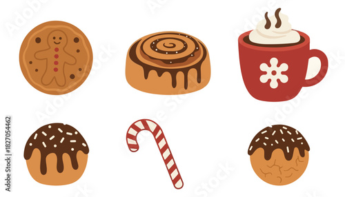 A festive collection of winter treats: gingerbread man cookie, cinnamon roll, hot chocolate, chocolate balls, and a candy cane.