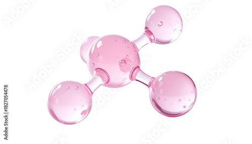 ピンクの美容成分をイメージした分子モデルバブル 3Dレンダリング 分子構造ガラスバブルアート 美容科学イメージ ジェネレーティブAI