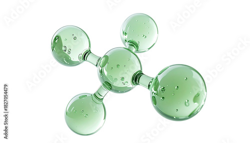 緑色の美容成分の透明分子モデルバブル 3Dレンダリング  ジェル状の分子構造 美容科学 ジェネレーティブAI