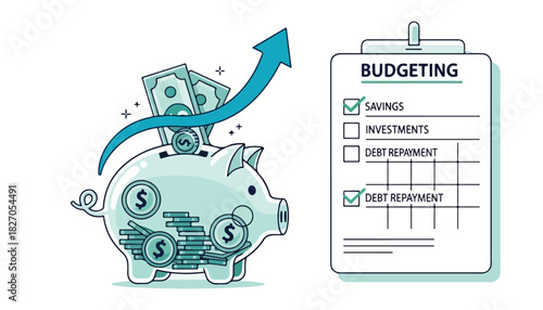 A piggy bank with money and an upward arrow, alongside a budgeting checklist.