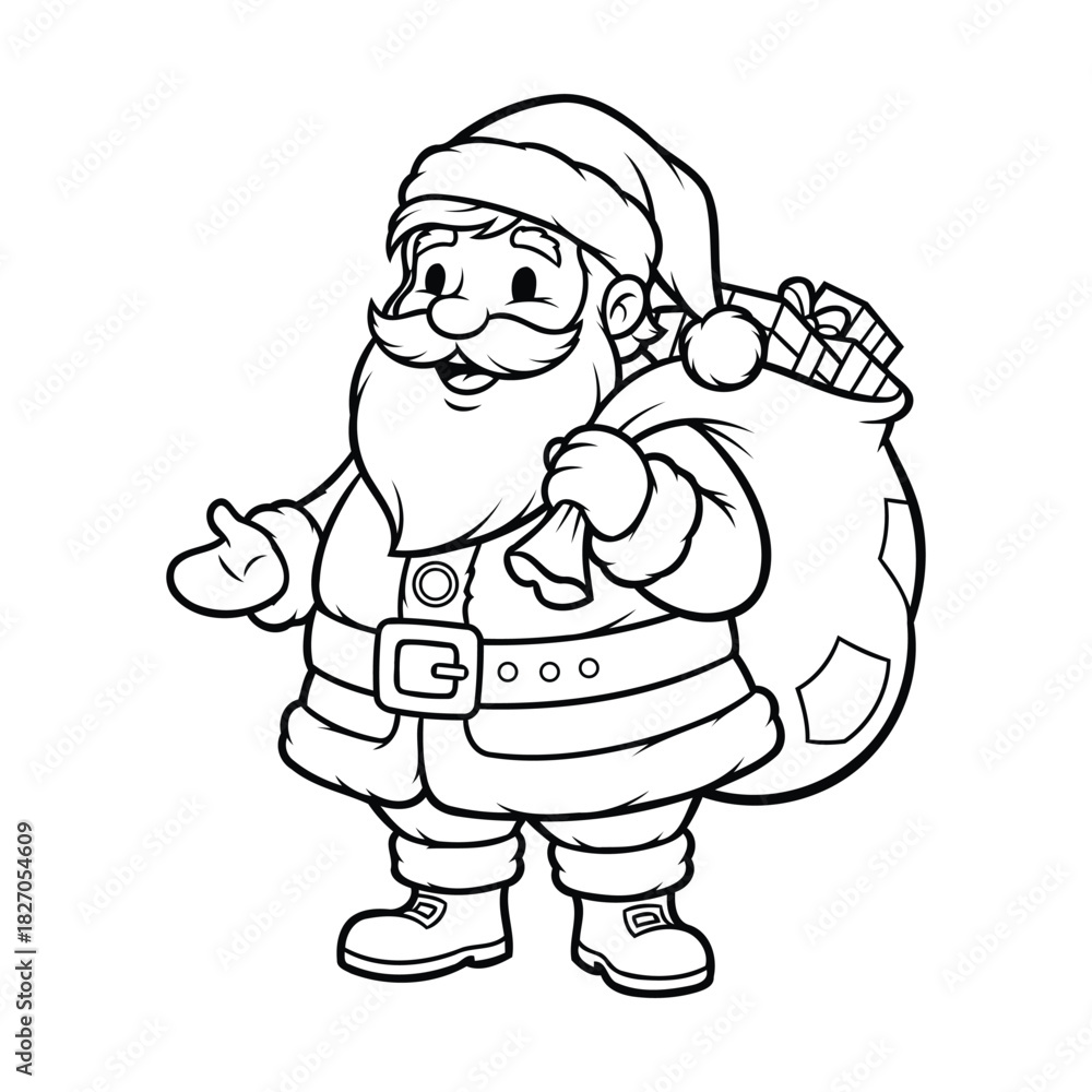 Obraz premium Black and white line art drawing of santa claus holding a big sack of christmas presents