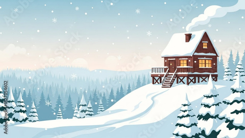Cozy cabin nestled in snowy winter landscape, perfect for holiday greetings and seasonal designs with a touch of serene tranquility and rustic charm