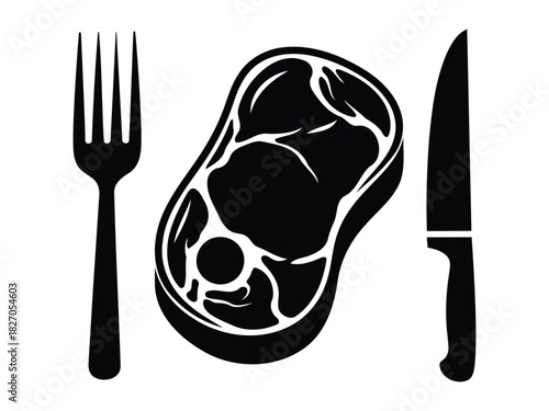 Black silhouette icon of a steak cut placed fork and a knife symbolizing dinner meal restaurant or meat