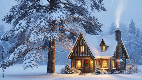 Enchanting winter cabin nestled under snow-laden trees, adorned with festive lights, radiating warmth and holiday cheer, perfect for seasonal greetings