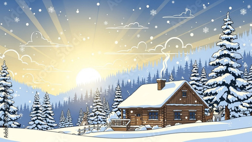 Enchanting winter scene evokes cozy cabin getaway with snow-covered trees and gentle snowfall, perfect for holiday greetings or winter promotions