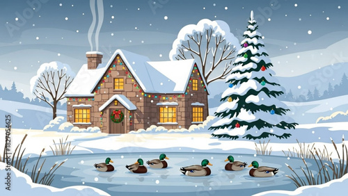 Charming winter scene with ducks swimming on a frozen pond near a cozy snow covered cottage decorated for Christmas, radiating holiday cheer