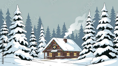 Charming snow-covered cabin nestled in a serene winter forest, warmly lit and inviting for a cozy holiday escape, originally designed as scalable vector graphic