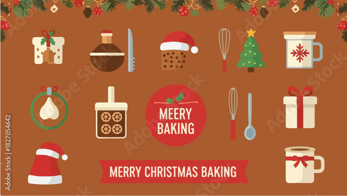 Festive illustration featuring various baking and Christmas-themed elements, arranged on a brown background.
